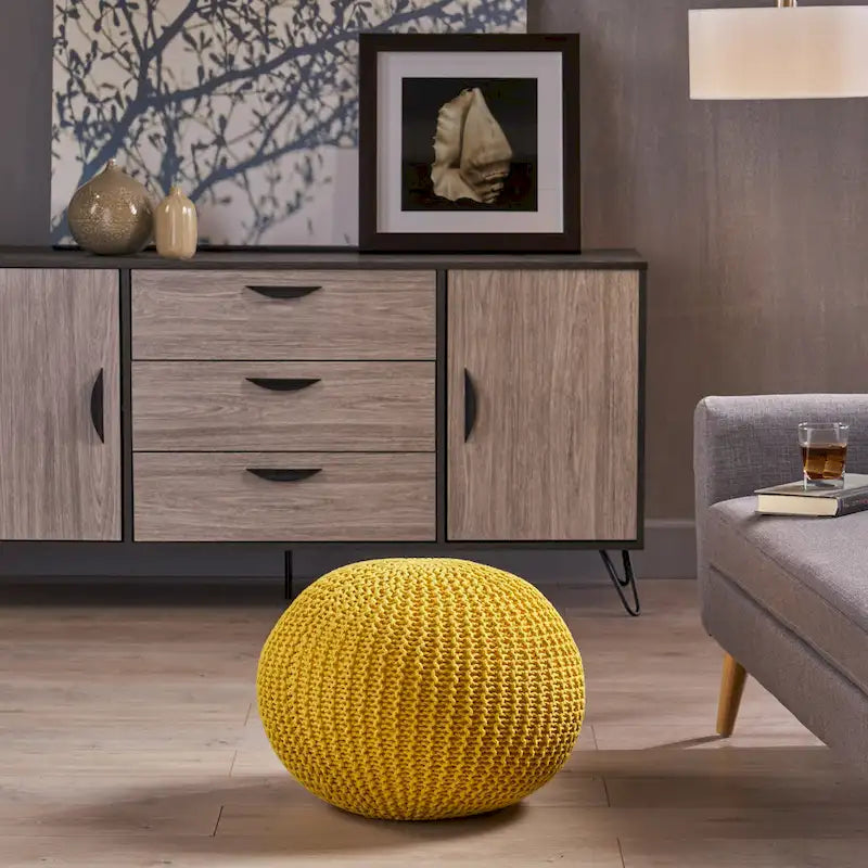 Pouf rond en coton tricoté point torsadé avec remplissage en polystyrène