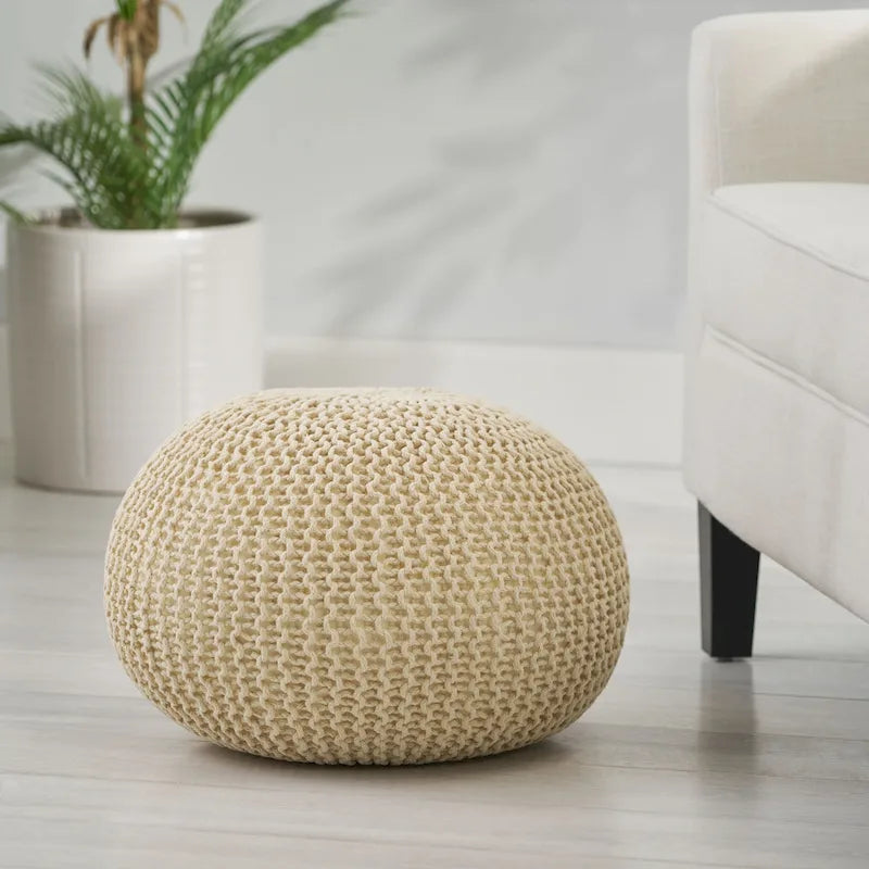Pouf rond en coton tricoté point torsadé avec remplissage en polystyrène