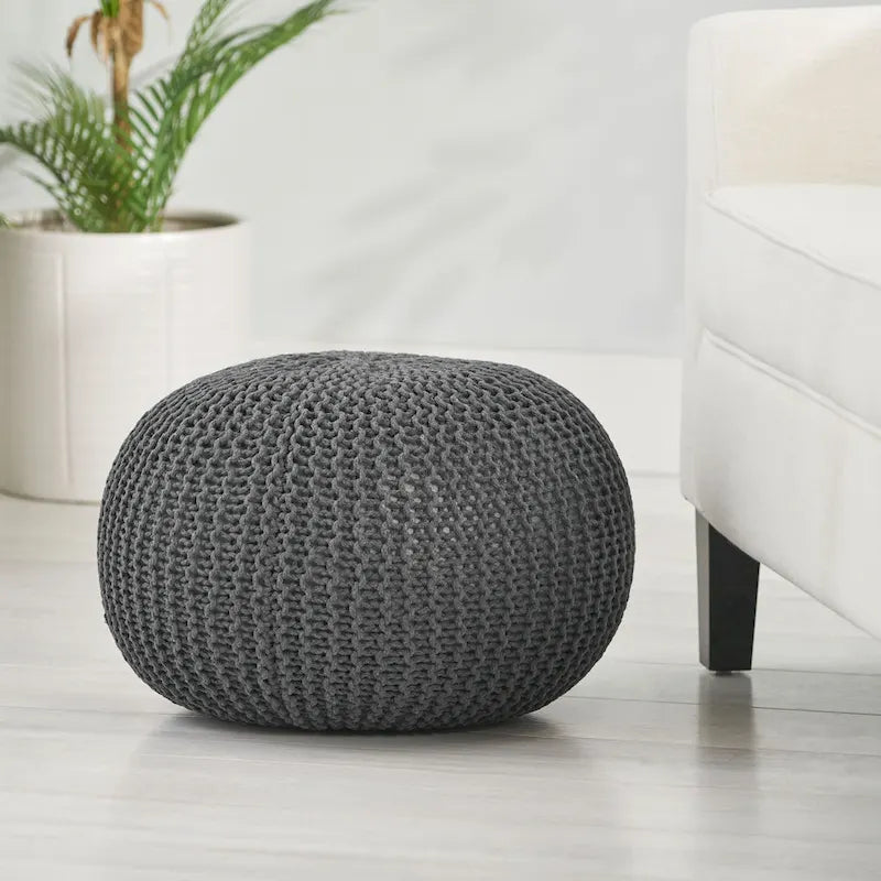 Pouf rond en coton tricoté point torsadé avec remplissage en polystyrène