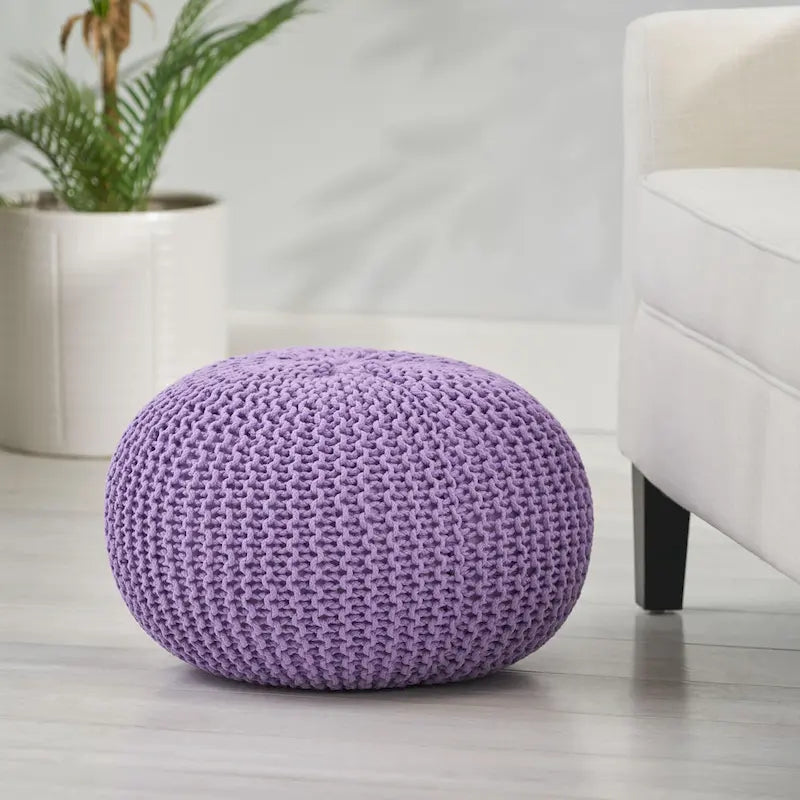 Pouf rond en coton tricoté point torsadé avec remplissage en polystyrène