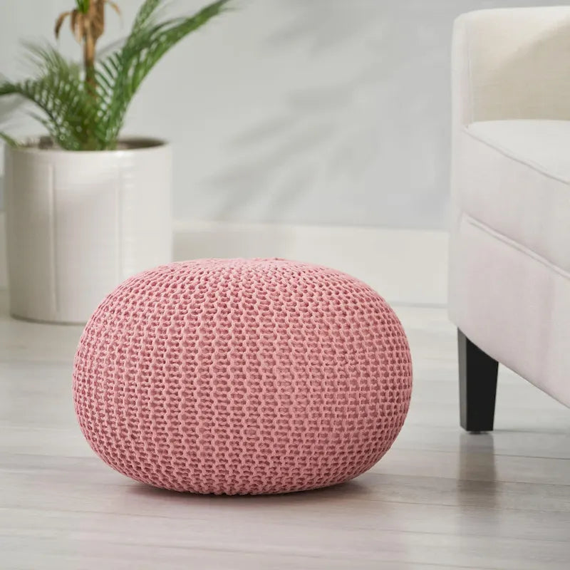 Pouf rond en coton tricoté point torsadé avec remplissage en polystyrène