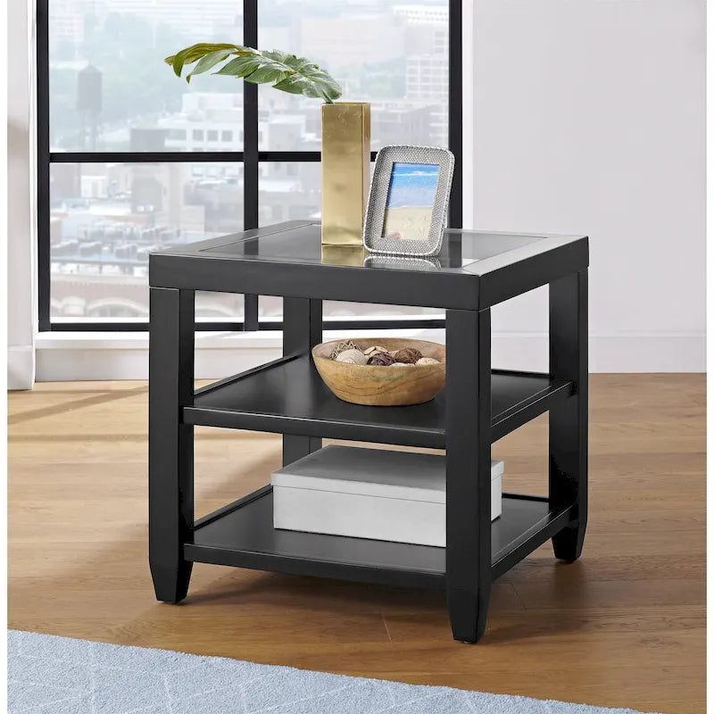 Table d'appoint de 61 cm de large en bois et verre avec étagère de rangement