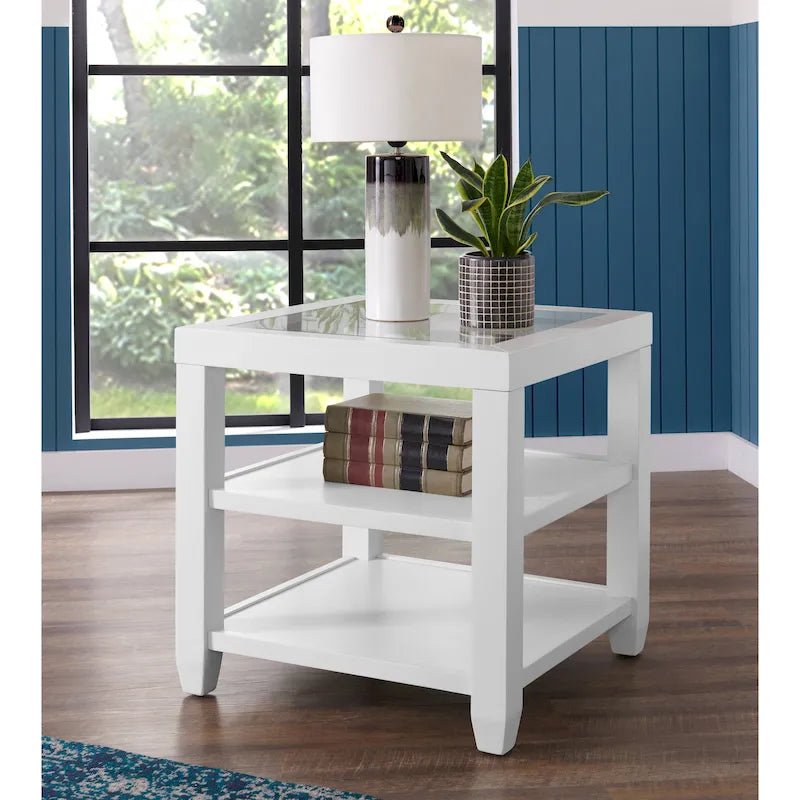 Table d'appoint de 61 cm de large en bois et verre avec étagère de rangement