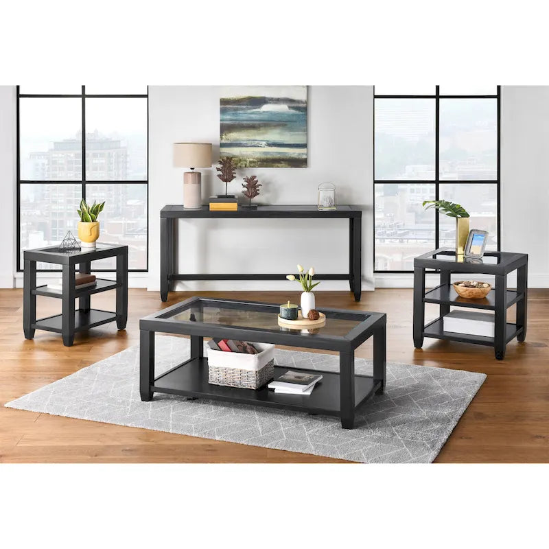 Table d'appoint de 61 cm de large en bois et verre avec étagère de rangement