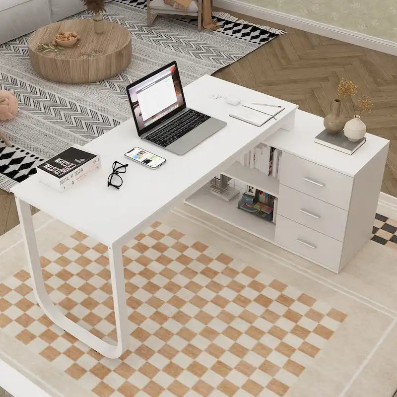 Bureau d'ordinateur d'angle 55 pouces avec rangement et armoire réversible