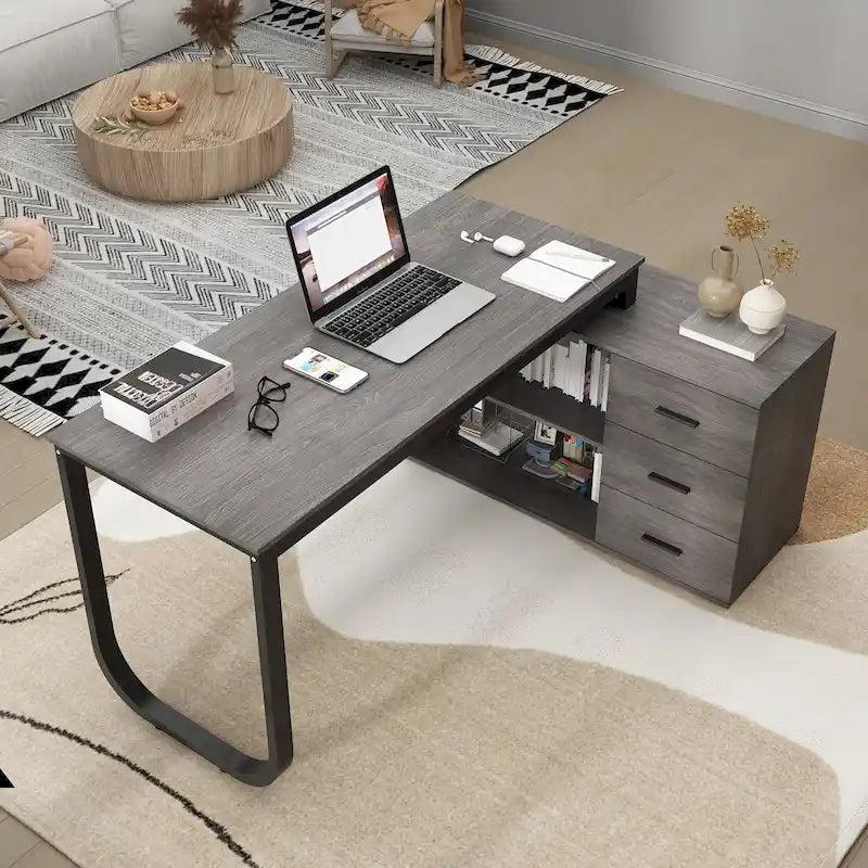Bureau d'ordinateur d'angle 55 pouces avec rangement et armoire réversible