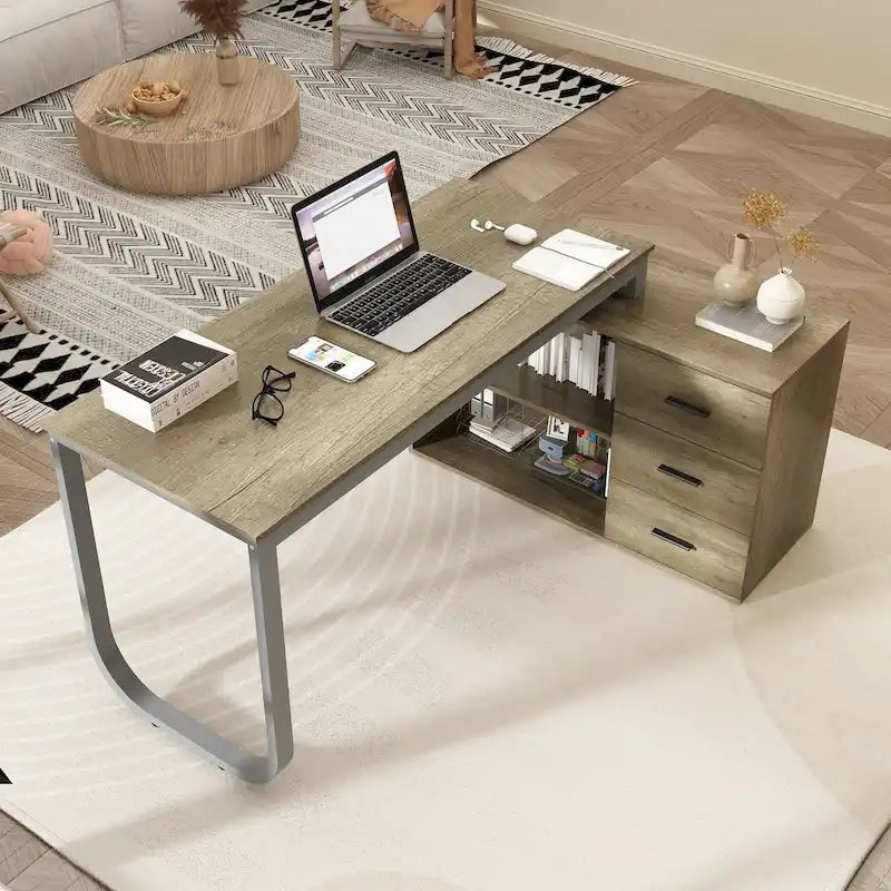 Bureau d'ordinateur d'angle 55 pouces avec rangement et armoire réversible