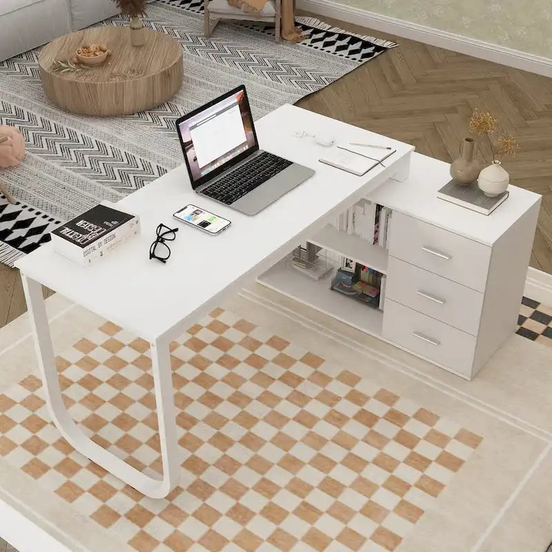 Bureau d'ordinateur d'angle 55 pouces avec rangement et armoire réversible