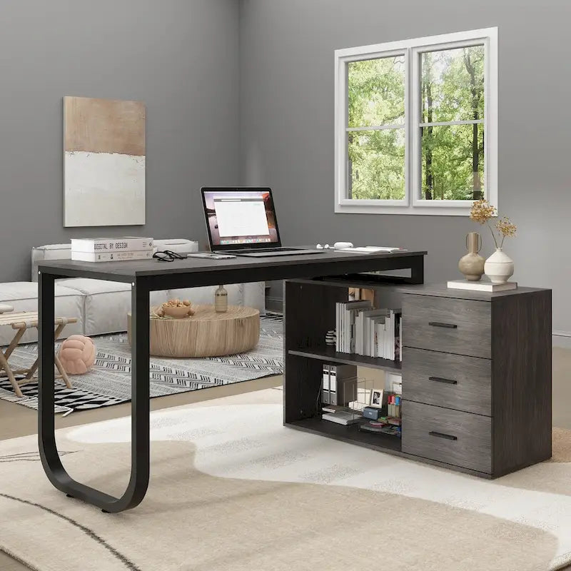 Bureau d'ordinateur d'angle 55 pouces avec rangement et armoire réversible