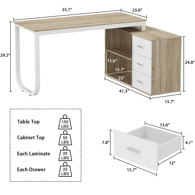 Bureau d'ordinateur d'angle 55 pouces avec rangement et armoire réversible