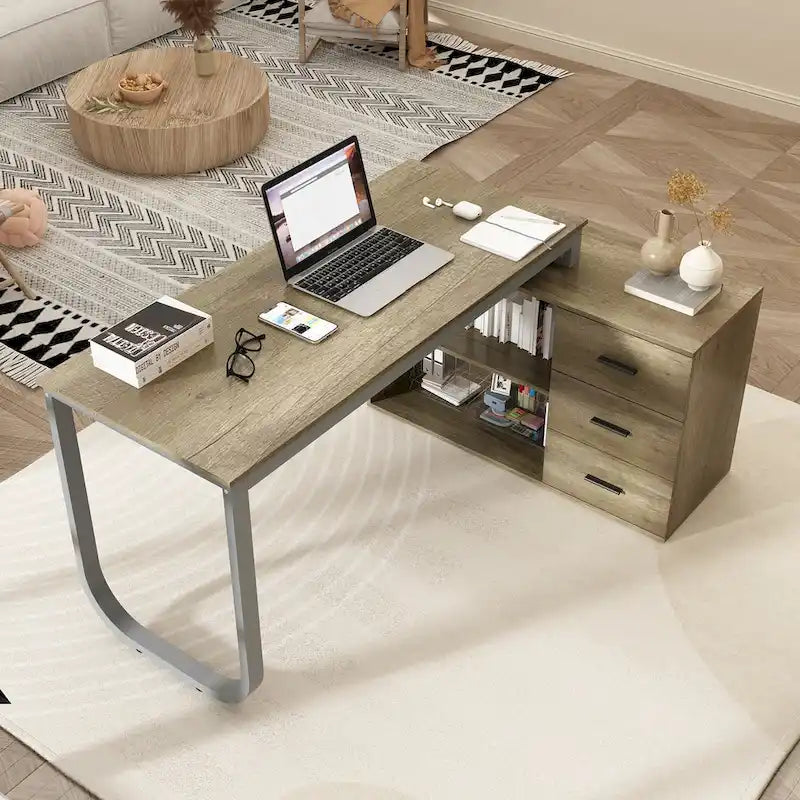 Bureau d'ordinateur d'angle 55 pouces avec rangement et armoire réversible