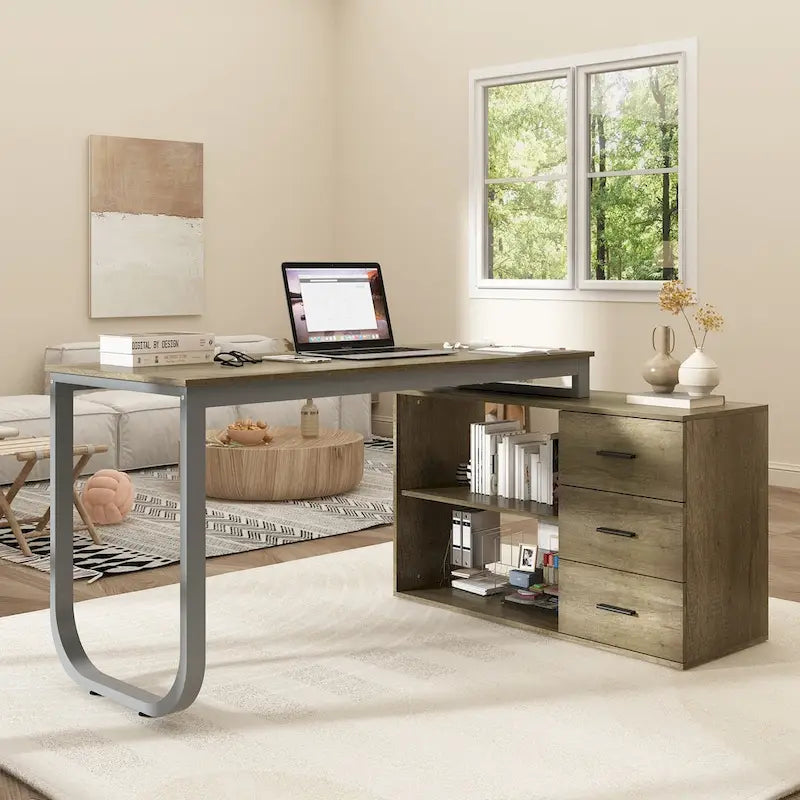 Bureau d'ordinateur d'angle 55 pouces avec rangement et armoire réversible