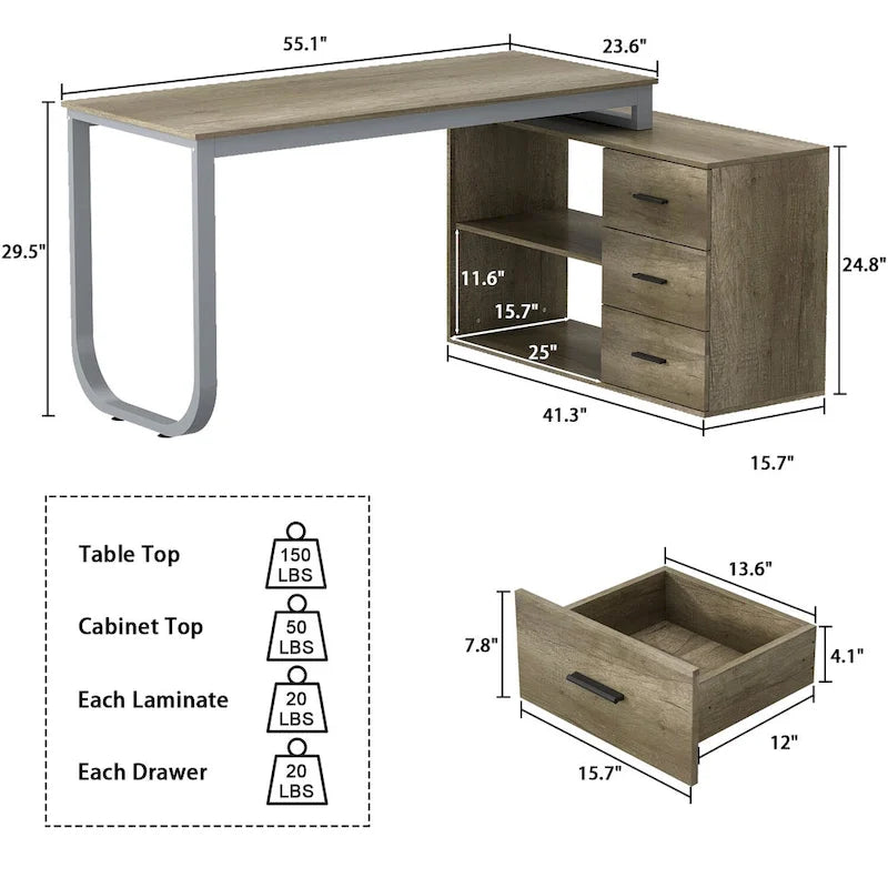 Bureau d'ordinateur d'angle 55 pouces avec rangement et armoire réversible