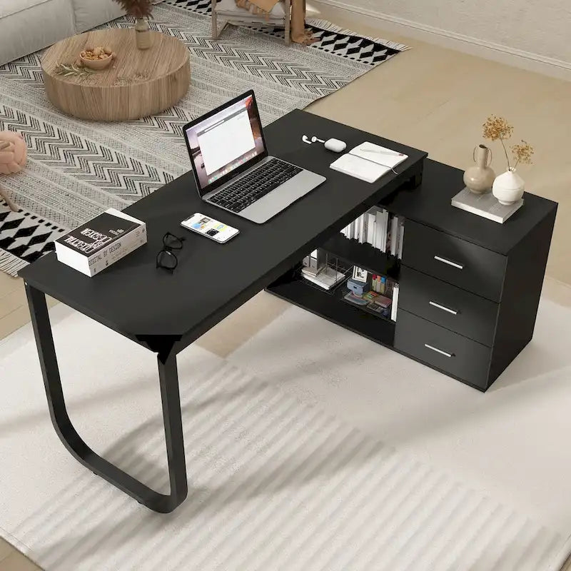 Bureau d'ordinateur d'angle 55 pouces avec rangement et armoire réversible