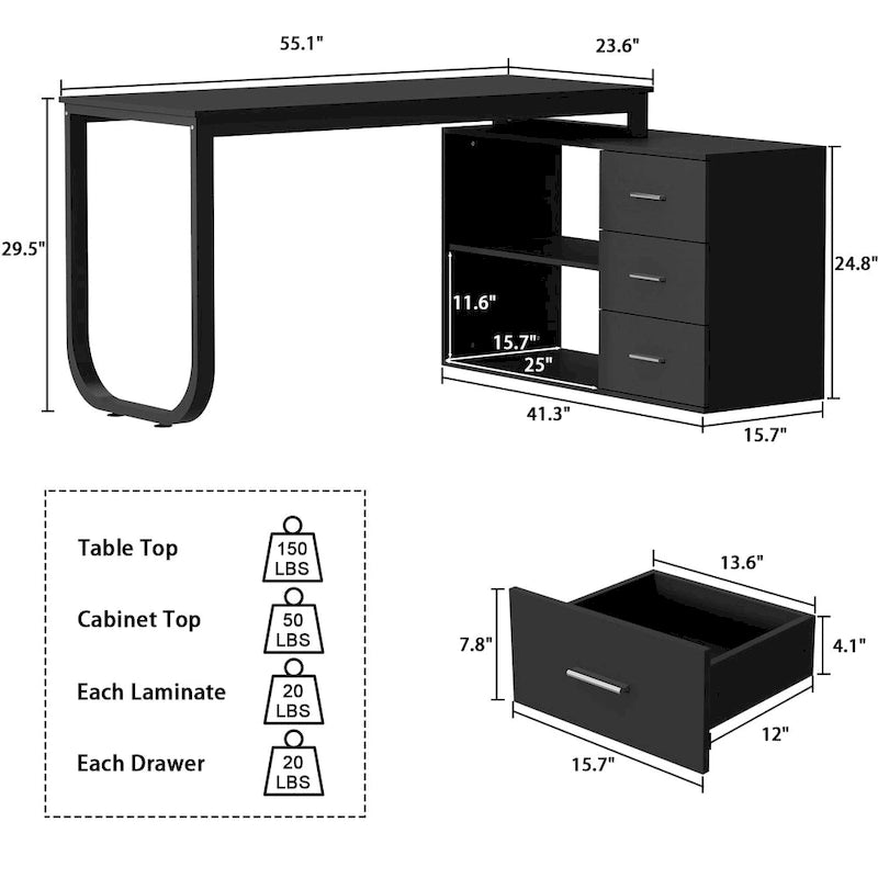 Bureau d'ordinateur d'angle 55 pouces avec rangement et armoire réversible