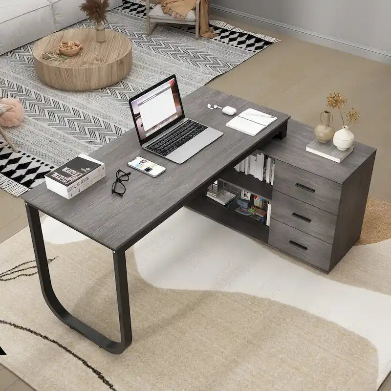Bureau d'ordinateur d'angle 55 pouces avec rangement et armoire réversible