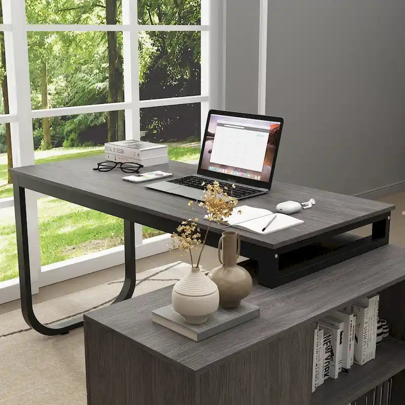 Bureau d'ordinateur d'angle 55 pouces avec rangement et armoire réversible