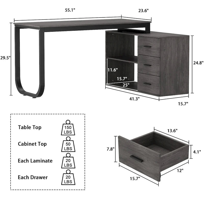 Bureau d'ordinateur d'angle 55 pouces avec rangement et armoire réversible