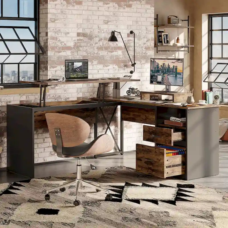 55.7 Uplift L Shaped Computer Desk with Drawers & Monitor Stand