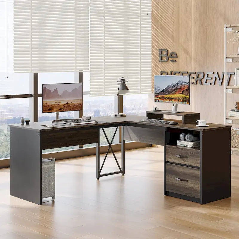 Bureau d'ordinateur réglable en L avec tiroirs et support d'écran