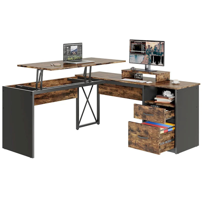 Bureau d'ordinateur réglable en L avec tiroirs et support d'écran