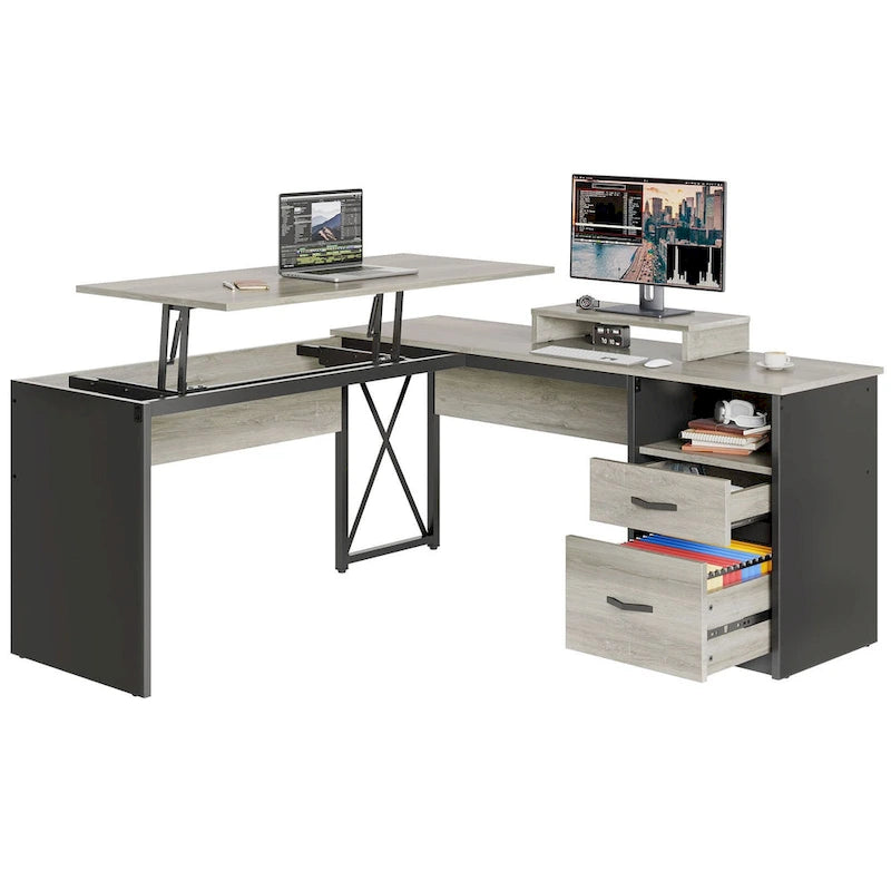 Bureau d'ordinateur réglable en L avec tiroirs et support d'écran