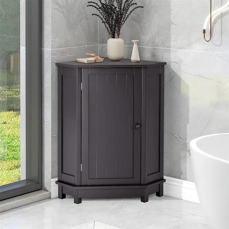 Meuble de rangement d'angle autoportant pour salle de bain avec porte simple et étagères réglables