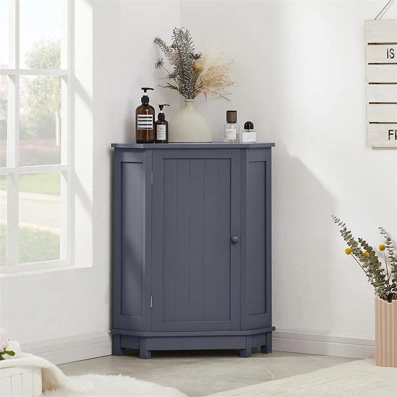 Meuble de rangement d'angle autoportant pour salle de bain avec porte simple et étagères réglables