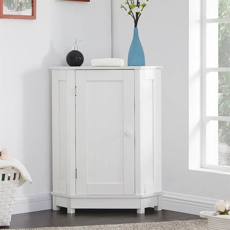 Meuble de rangement d'angle autoportant pour salle de bain avec porte simple et étagères réglables