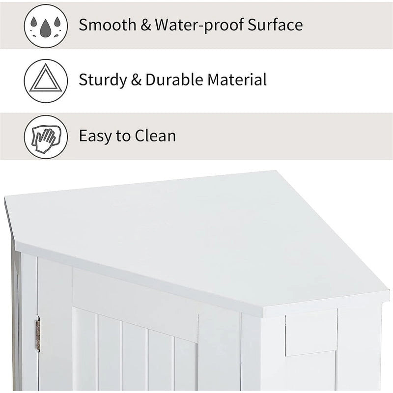 Meuble de rangement d'angle autoportant pour salle de bain avec porte simple et étagères réglables