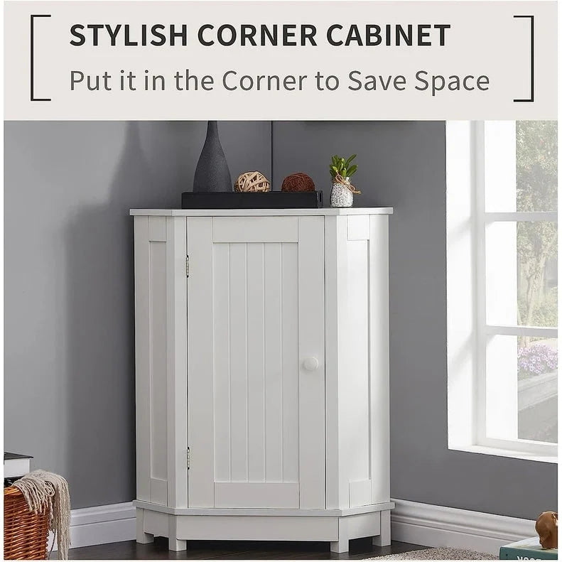 Meuble de rangement d'angle autoportant pour salle de bain avec porte simple et étagères réglables