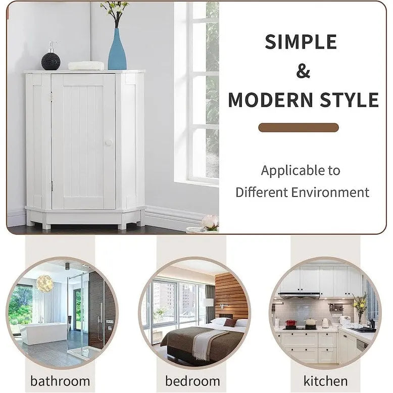 Meuble de rangement d'angle autoportant pour salle de bain avec porte simple et étagères réglables
