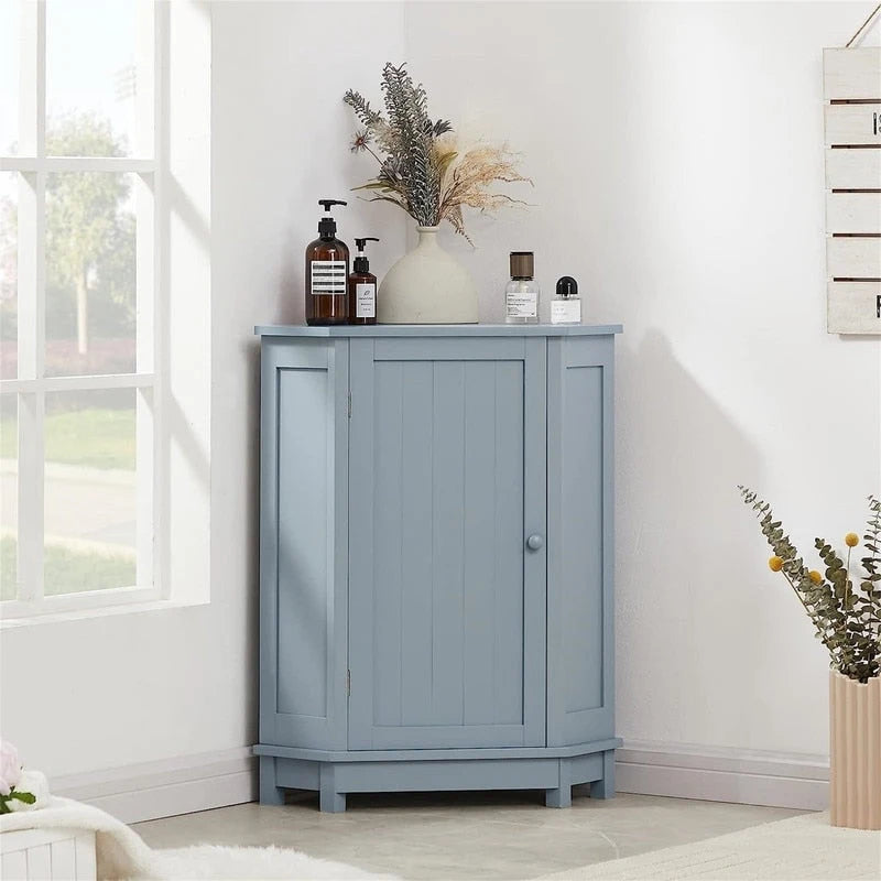 Meuble de rangement d'angle autoportant pour salle de bain avec porte simple et étagères réglables