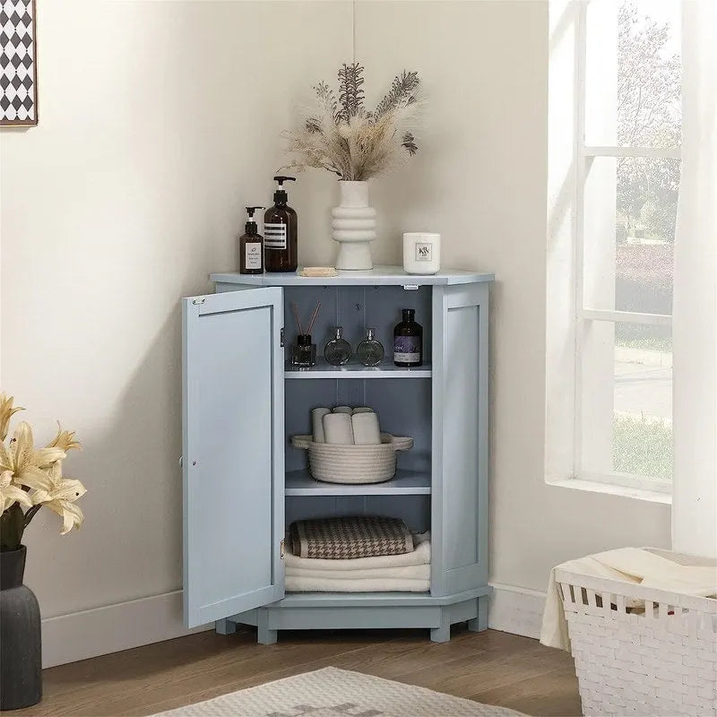 Meuble de rangement d'angle autoportant pour salle de bain avec porte simple et étagères réglables