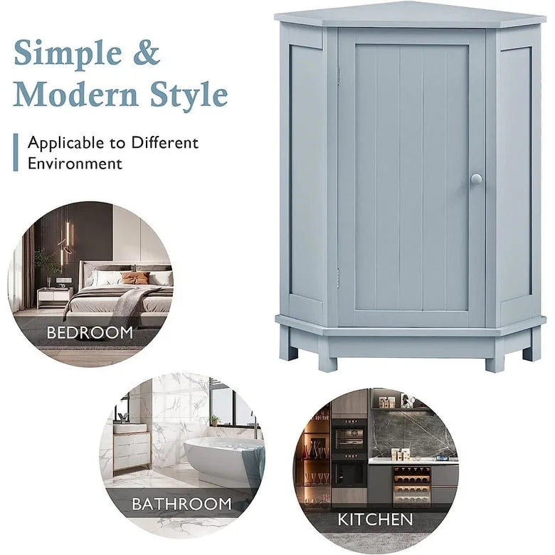 Meuble de rangement d'angle autoportant pour salle de bain avec porte simple et étagères réglables