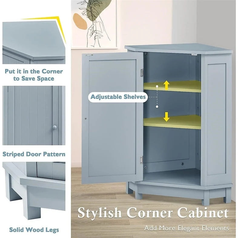 Meuble de rangement d'angle autoportant pour salle de bain avec porte simple et étagères réglables