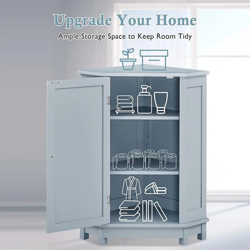 Meuble de rangement d'angle autoportant pour salle de bain avec porte simple et étagères réglables