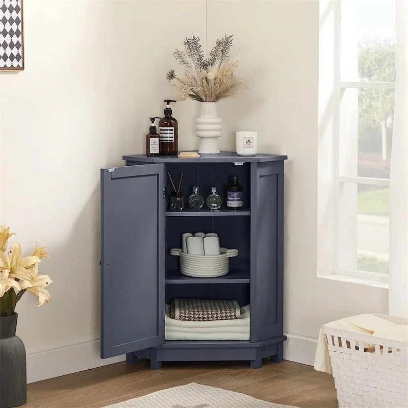 Meuble de rangement d'angle autoportant pour salle de bain avec porte simple et étagères réglables