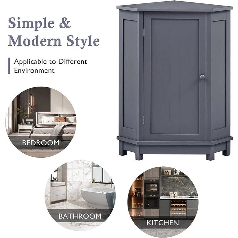Meuble de rangement d'angle autoportant pour salle de bain avec porte simple et étagères réglables