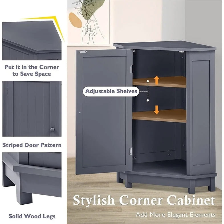 Meuble de rangement d'angle autoportant pour salle de bain avec porte simple et étagères réglables