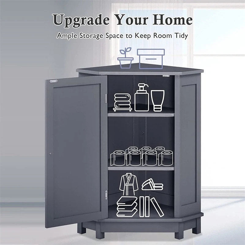 Meuble de rangement d'angle autoportant pour salle de bain avec porte simple et étagères réglables