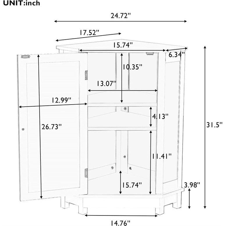 Meuble de rangement d'angle autoportant pour salle de bain avec porte simple et étagères réglables