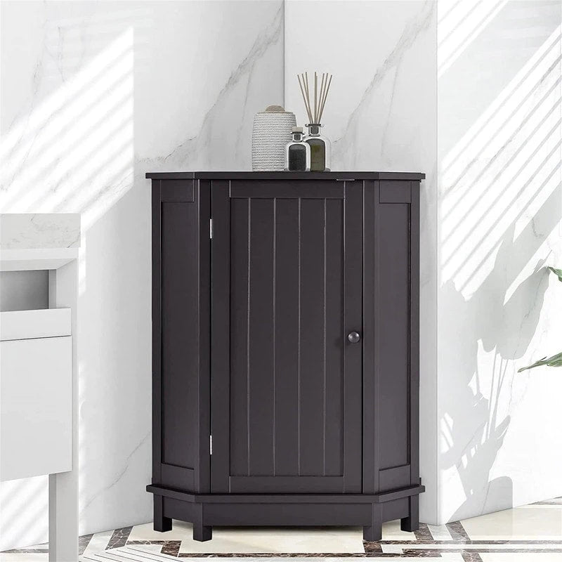 Meuble de rangement d'angle autoportant pour salle de bain avec porte simple et étagères réglables