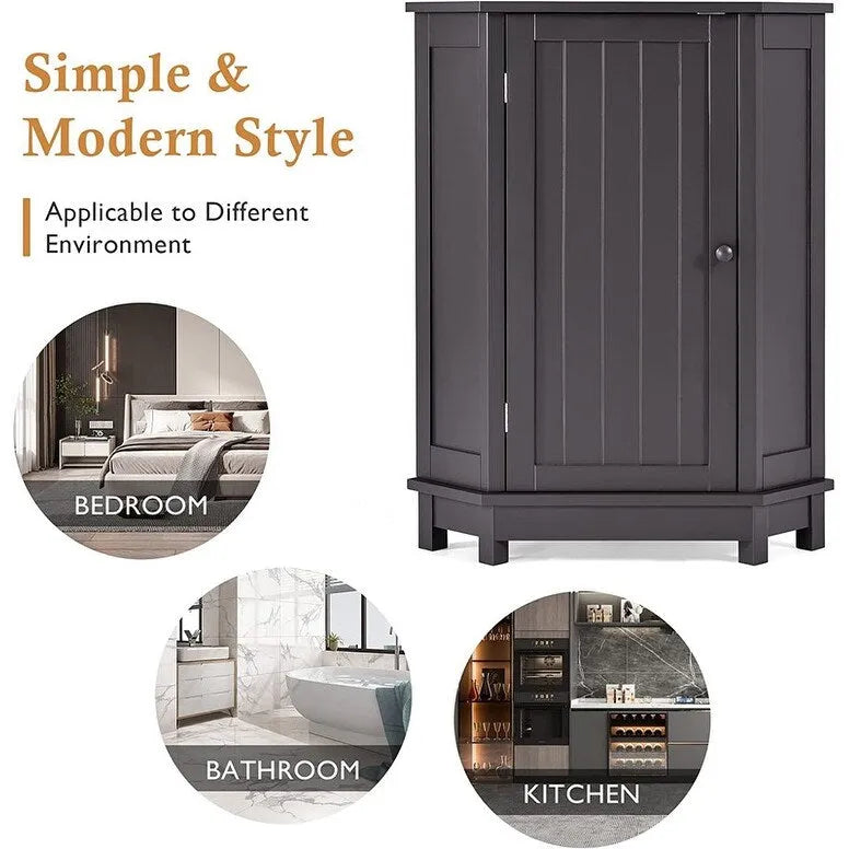 Meuble de rangement d'angle autoportant pour salle de bain avec porte simple et étagères réglables