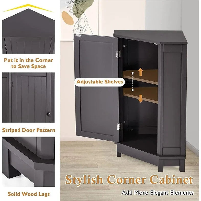 Meuble de rangement d'angle autoportant pour salle de bain avec porte simple et étagères réglables