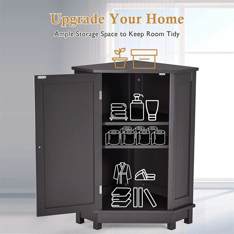 Meuble de rangement d'angle autoportant pour salle de bain avec porte simple et étagères réglables
