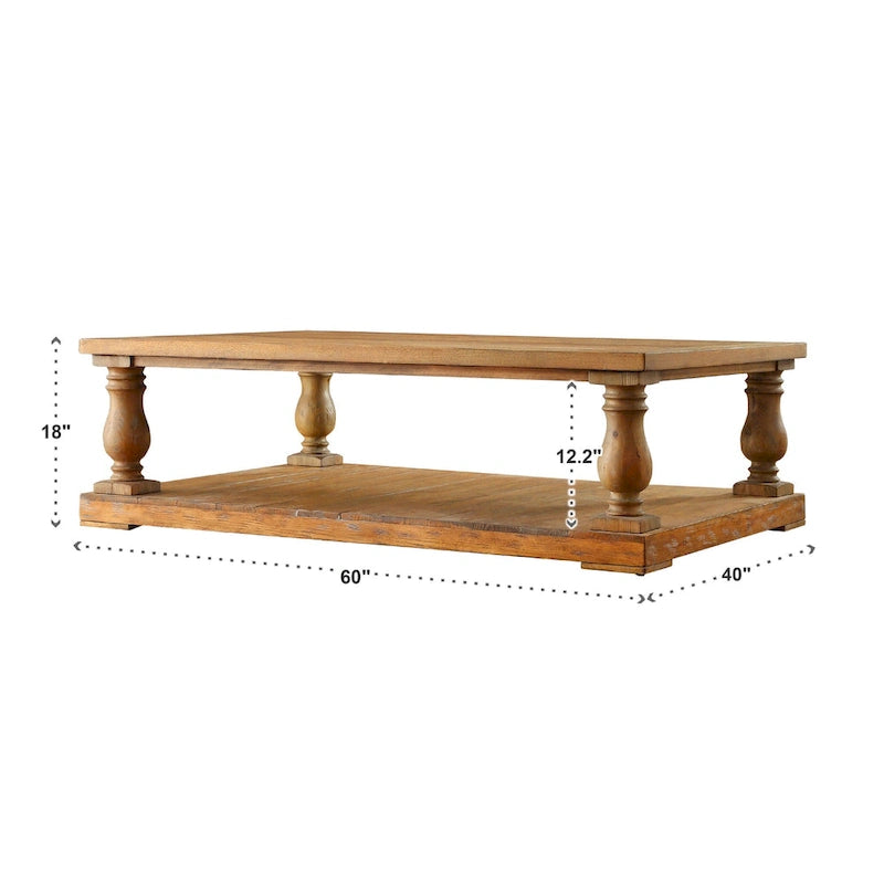 Table basse rustique à balustre de 60 pouces avec étagère de rangement inférieure