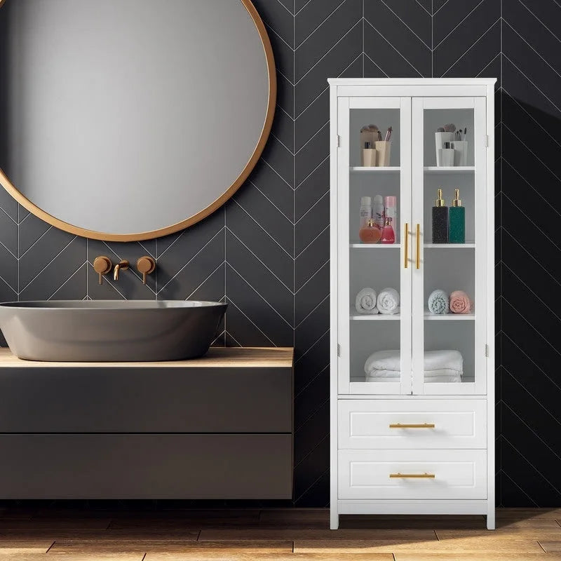 Meuble de rangement haut de salle de bain en MDF blanc avec tiroirs et portes