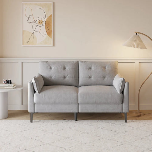 Canapé double gris clair 146 cm en coton et lin avec coussin épais et accoudoirs
