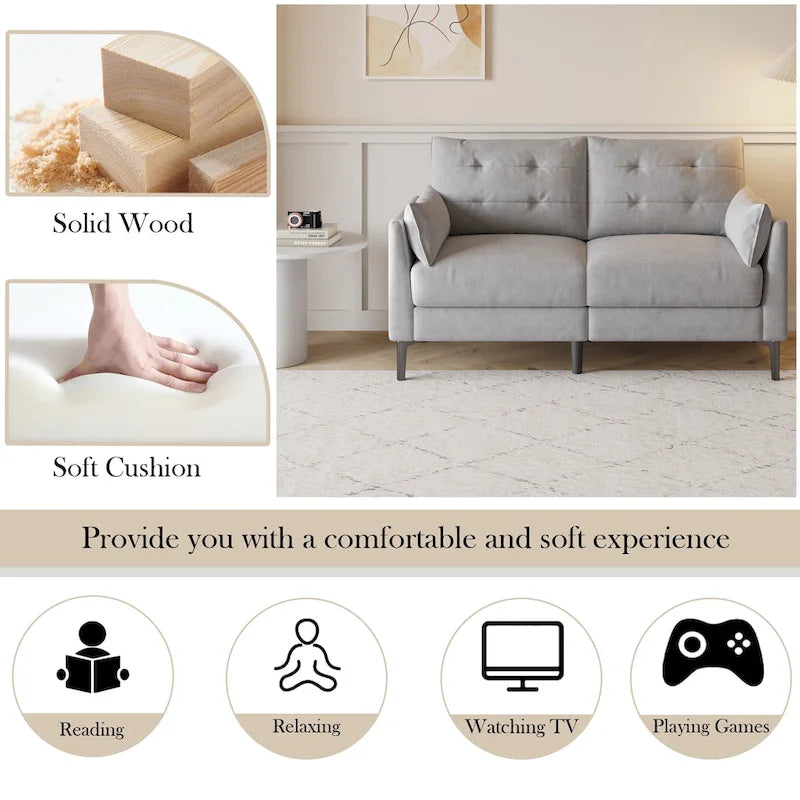 Canapé double gris clair 146 cm en coton et lin avec coussin épais et accoudoirs